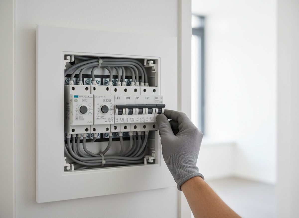 Elektricien zet een groep weer aan in een groepenkast met aardlekschakelaars