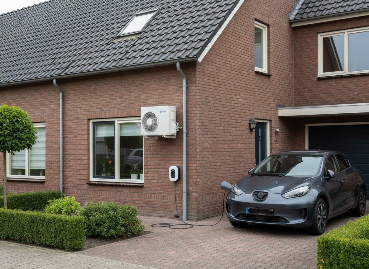 Woning met een warmtepomp aan de gevel en een elektrische auto aan de laadpaal op de oprit
