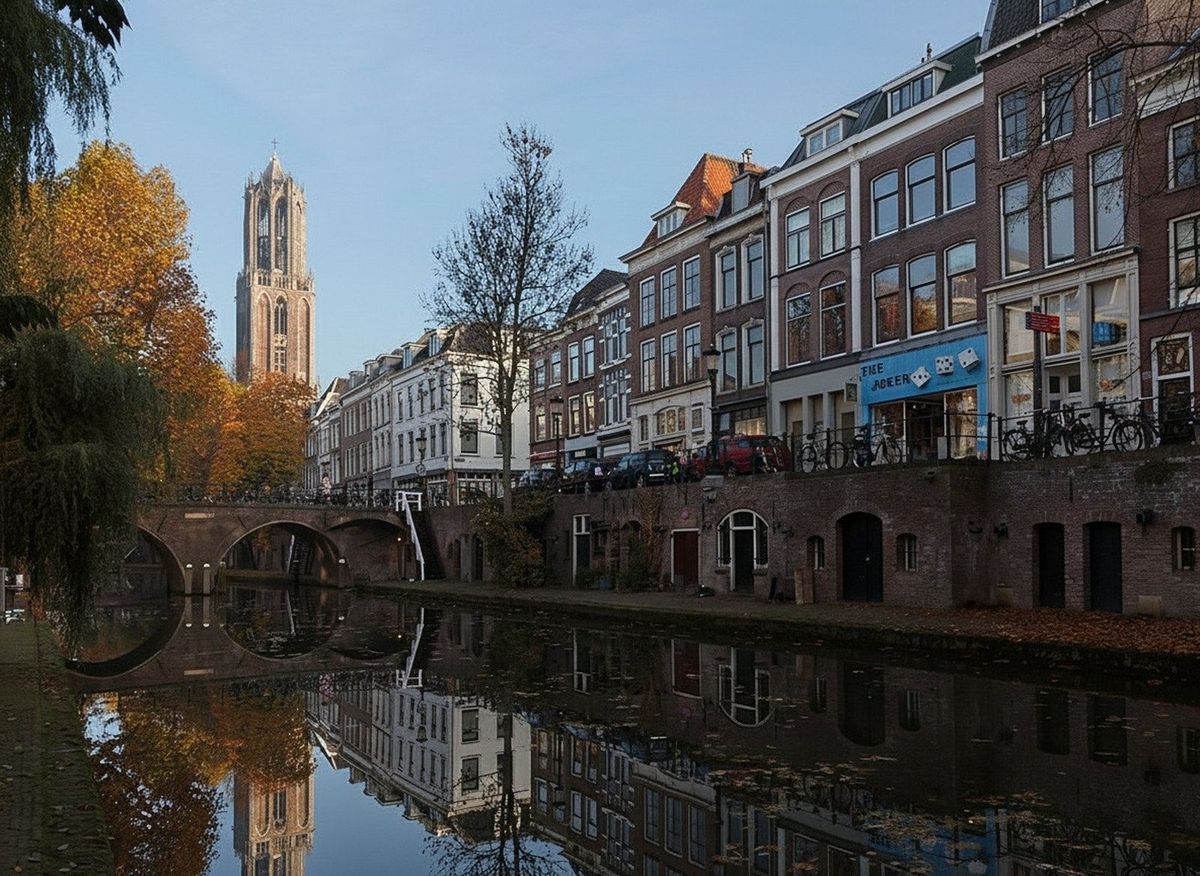De Oudegracht in Utrecht met de werfkelders en de Domtoren