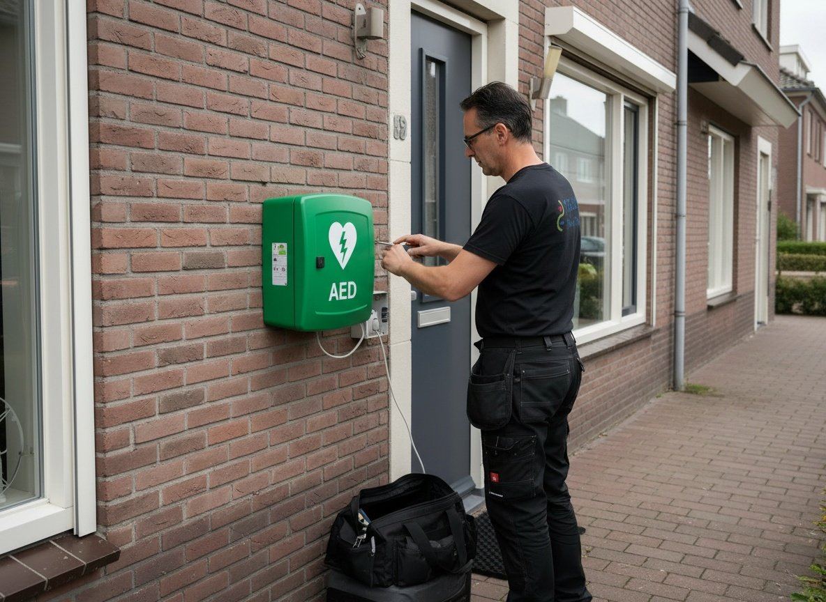 Illustratie: elektricien sluit een AED-kast aan op een bakstenen gevel