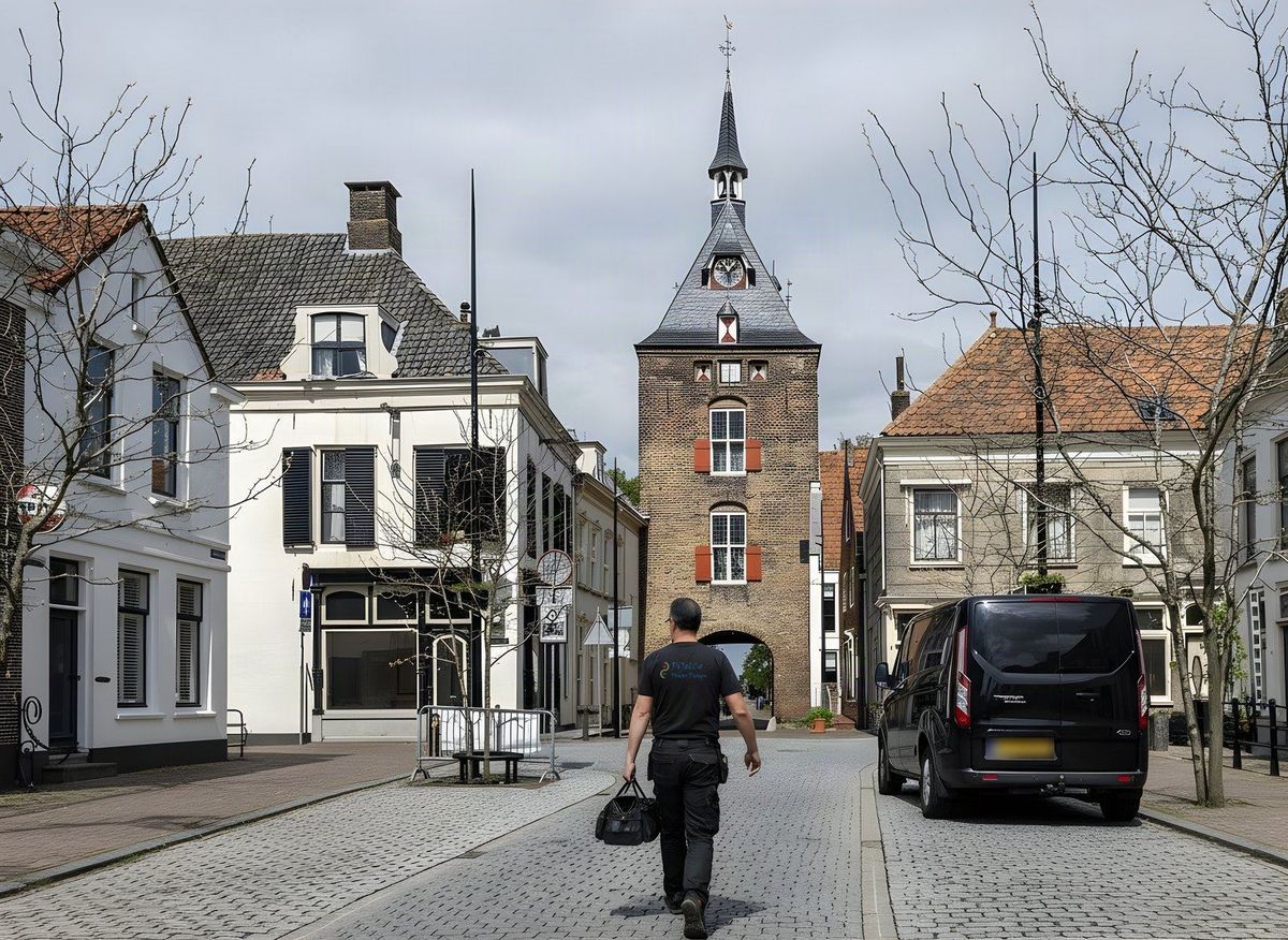 PiJelCo-monteur en bedrijfsbus in de Voorstraat in Vianen, met de Lekpoort op de achtergrond